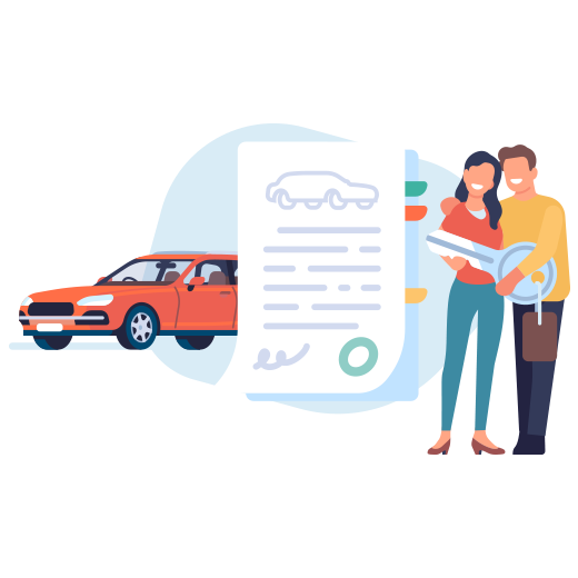 Grafische Darstellung eines Auto, eines Vertrag und einem Paar.