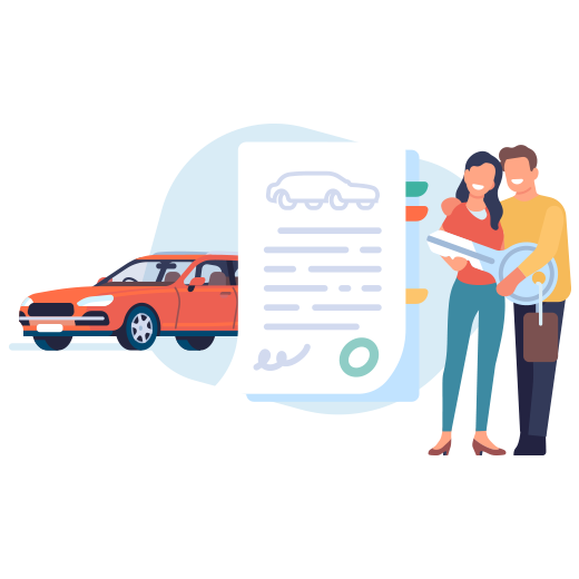 Grafische Darstellung eines Auto, eines Vertrag und einem Paar.